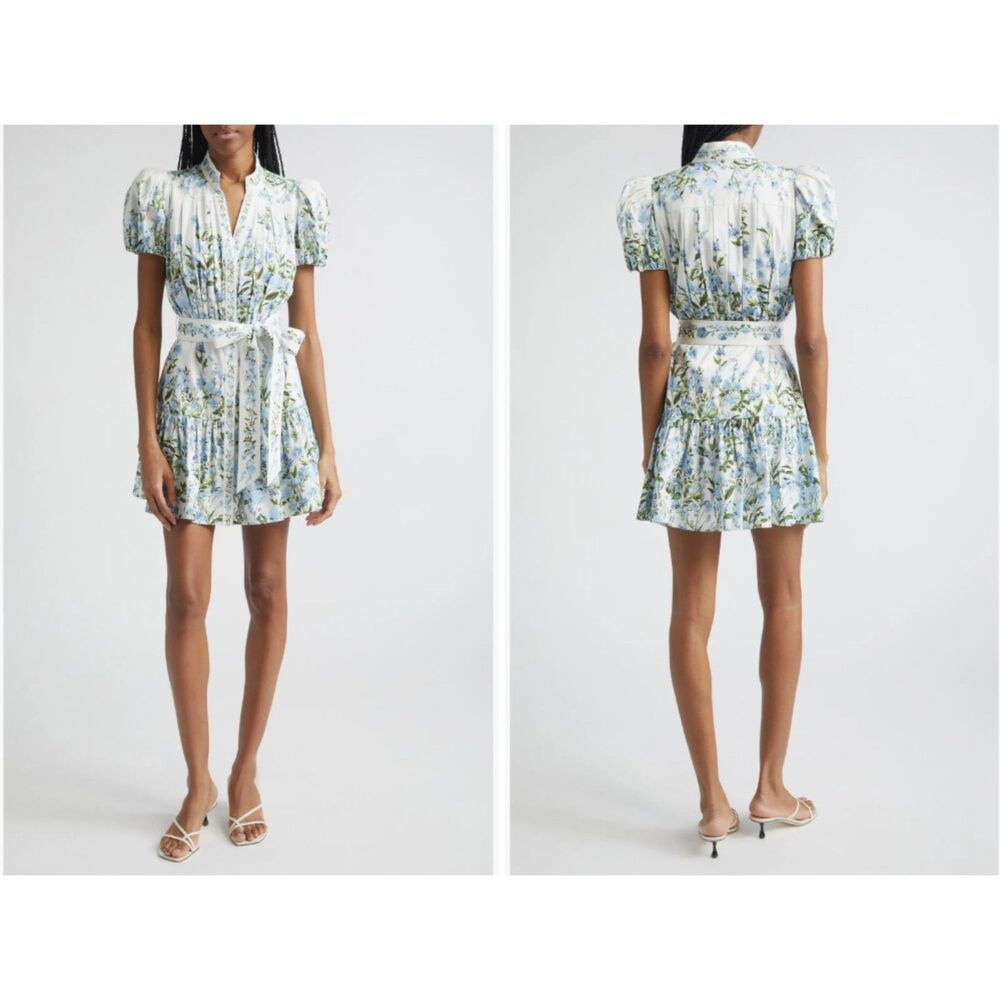 Alice + Olivia Cora Puff Sleeve Tie Belt Stretch Cotton Mini Shirtdress Size XS